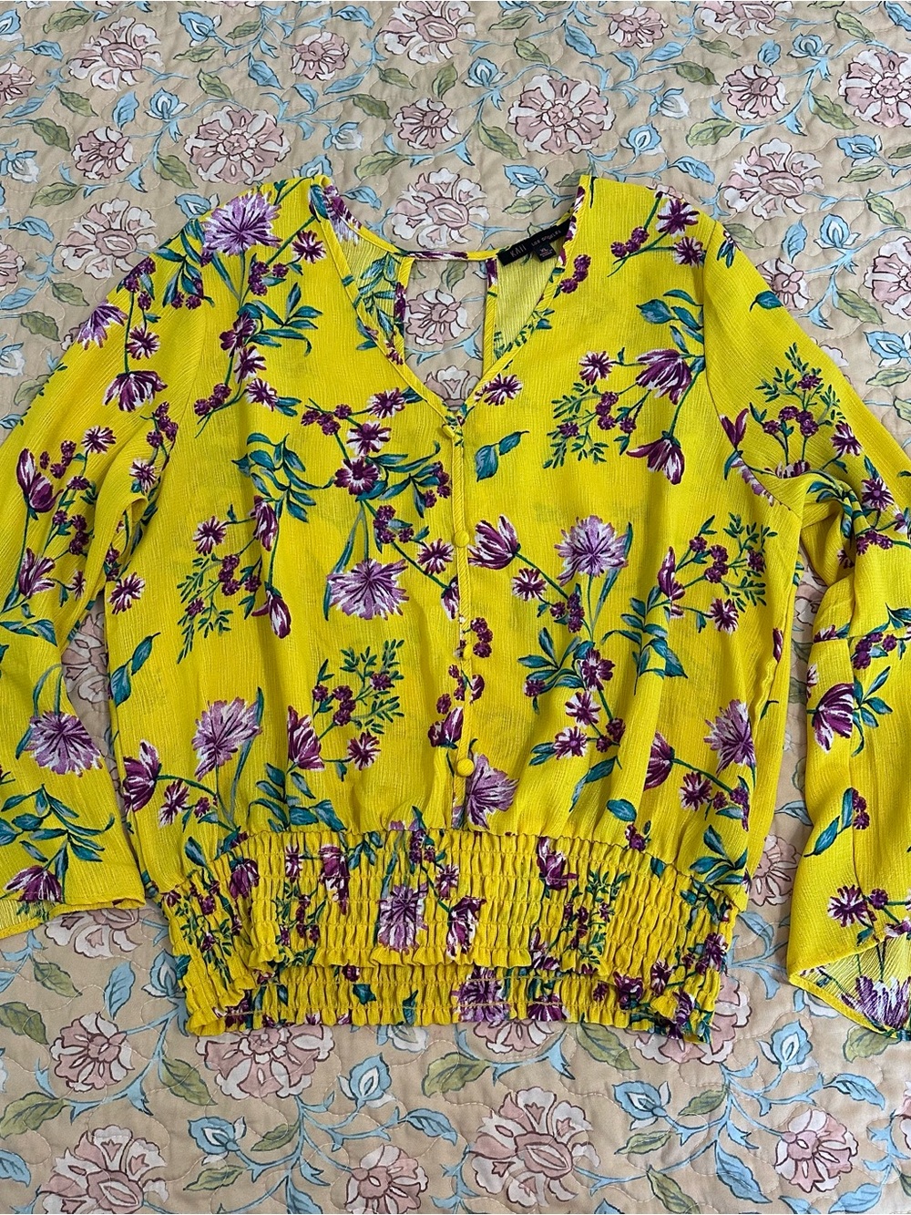 Kaii Yellow Floral Smocked-Waist V-Neck Blouse